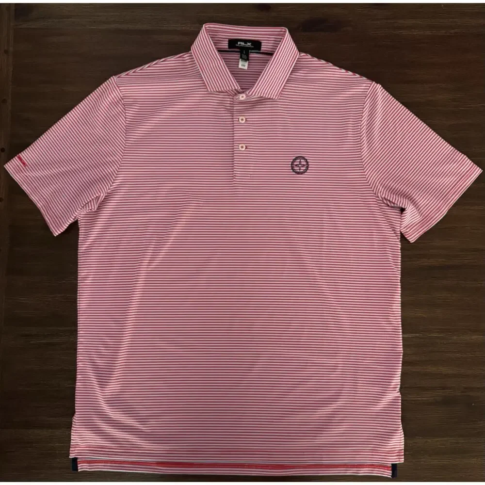 RLX Ralph Lauren Men’s Performance Golf Polo Red Blue Stripe Logo Large